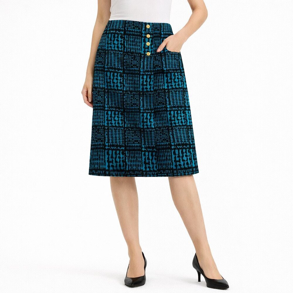 Carlisle A-Line Skirt Black Turquoise Geometric Gold Button Detail Size 6